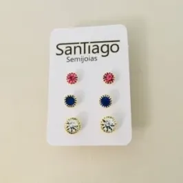 BRINCO TRIO STRASS TRICOLOR REDONDO 