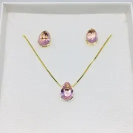 CONJUNTO CAIXINHA GOTA ROSA MÉDIO ZIRCÔNIA