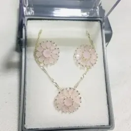 CONJUNTO FLOR PEDRA ROSA BANHO DE PRATA 