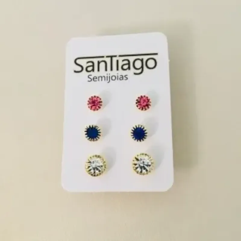 BRINCO TRIO STRASS TRICOLOR REDONDO 