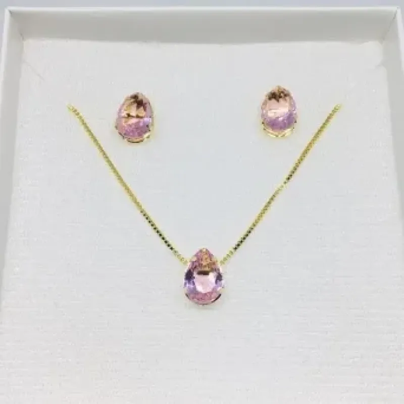 CONJUNTO CAIXINHA GOTA ROSA MÉDIO ZIRCÔNIA