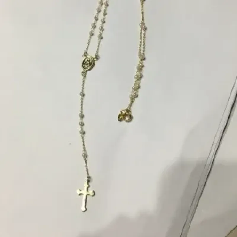 TERÇO MEDALHA FATIMA PÉROLA DOURADO 80 CM