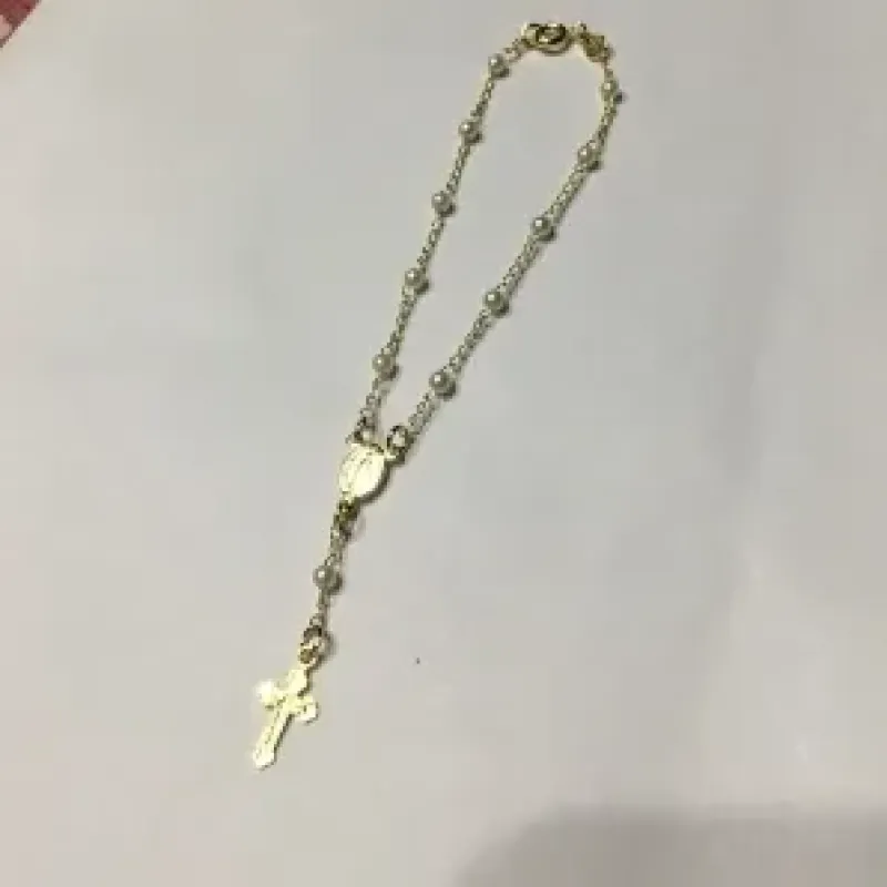 TERÇO PULSEIRA PÉROLA DOURADA 20 CM
