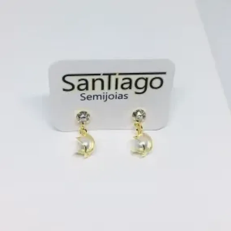 BRINCO PÉROLA STRASS REPOLHO PENDUREZA DOURADO