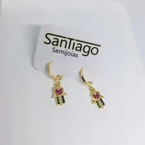 BRINCO ARGOLINHA TRANQUETA MÃO DE FÁTIMA MICROZIRCÔNIA COLORIDA 