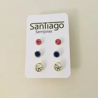 BRINCO TRIO STRASS TRICOLOR REDONDO 