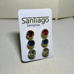 BRINCO TRIO TRICOLOR PEDRA REDONDA DOURADO
