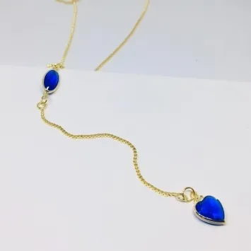 COLAR COM PINGENTE DUPLO AZUL DOURADO 60 CM
