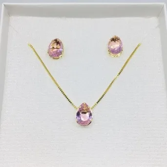 CONJUNTO CAIXINHA GOTA ROSA MÉDIO ZIRCÔNIA