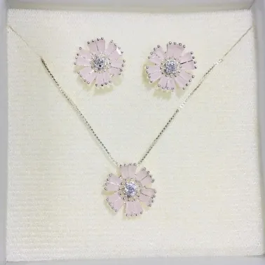CONJUNTO FLOR PEDRA ROSA MAIOR BANHO DE PRATA 