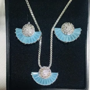 CONJUNTO LEQUE AZUL BEBÊ ZIRCÔNIA BANHO DE PRATA 