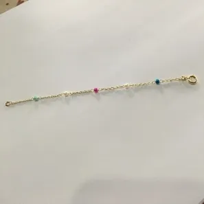 PULSEIRA INFANTIL 5 BOLINHAS COLORIDAS DOURADA