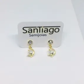 BRINCO PÉROLA STRASS REPOLHO PENDUREZA DOURADO
